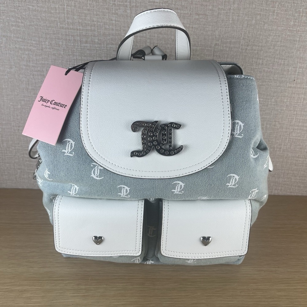 Juicy Couture Denim Monogram Back To Class Backpack RhinestoneLogo WhiteTrim NWT